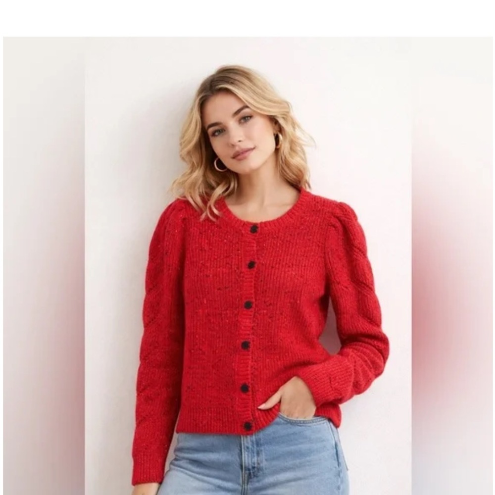 Talbots Speckled Red Cable Knit Puff Sleeve Cardigan Sweater‎ Size 2X - Picture 10 of 11
